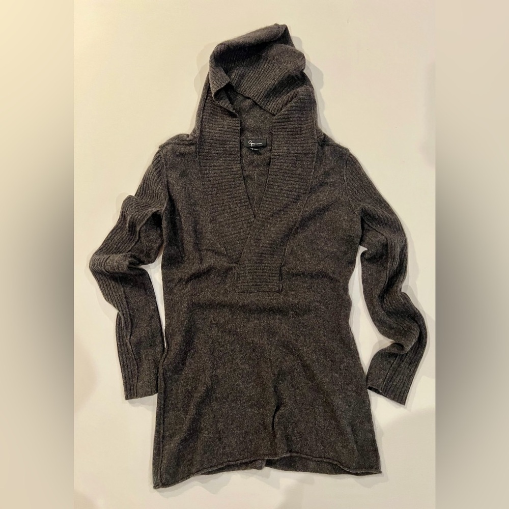 Aqua 100% Cashmere Grey Ribbed Hooded Sweater Medium